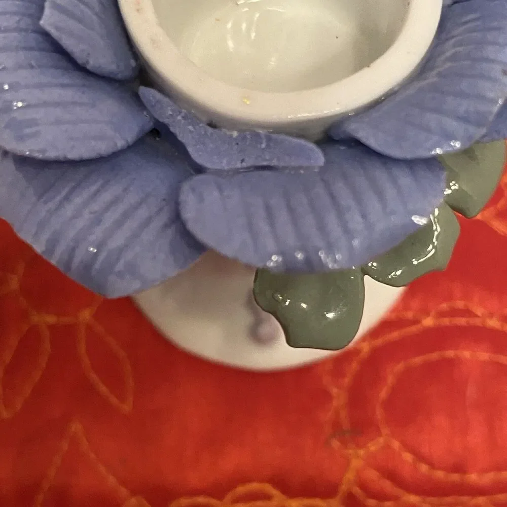 Lot of 2 VTG Blue Rose Porcelain Candlestick Holders One Perfect, One Lil Damage